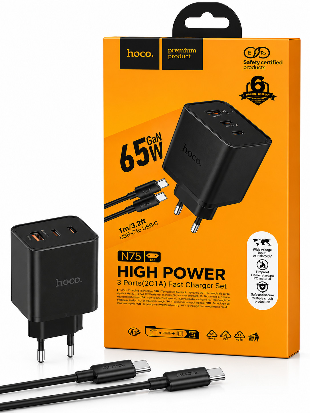Hoco Phone charger 2x USB C + USB A QC3.0 PD 3A 65W + data cable USB C to USB C N75 black